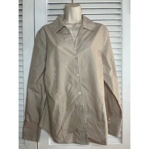 Jones New York Non-Iron Striped Button Down Shirt Tan White Womens 16 Cotton